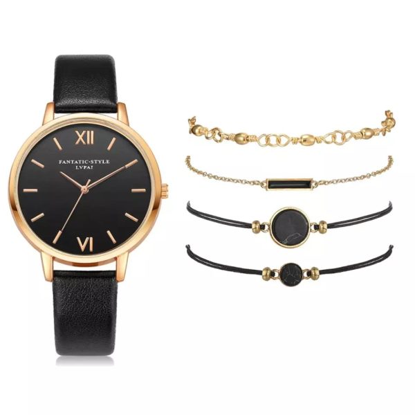 5pcs Set Women's Luxury Leather Band Analog Quartz Wrist Watch - Image 4