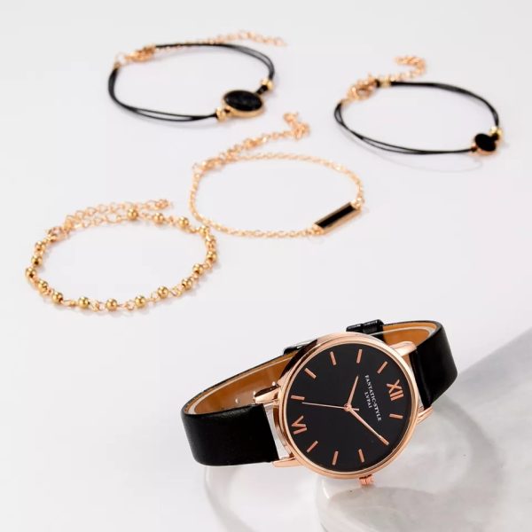 5pcs Set Women's Luxury Leather Band Analog Quartz Wrist Watch - Image 5