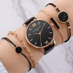 5pcs Set Women's Luxury Leather Band Analog Quartz Wrist Watch