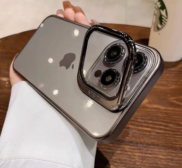 Transparent Acrylic Lens Folding Stand Phone Case for iPhone 15 ProMax (Black) - Image 3