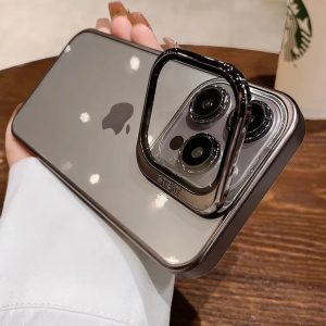 Transparent Acrylic Lens Folding Stand Phone Case for iPhone 15 ProMax (Black)