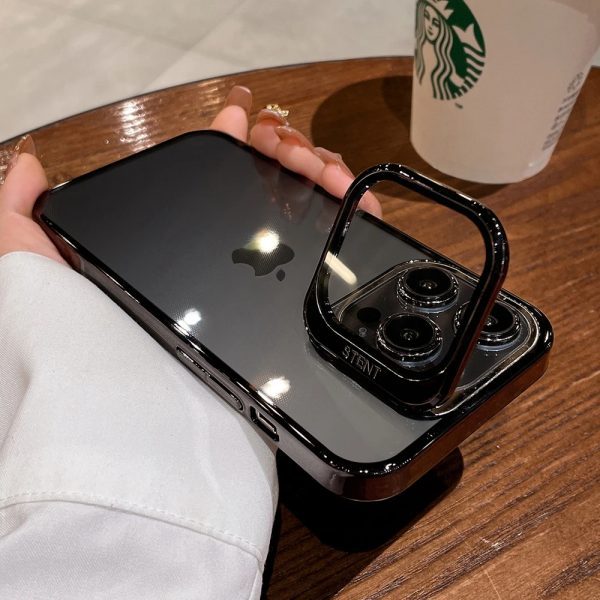 Transparent Acrylic Lens Folding Stand Phone Case for iPhone 15 ProMax (Black) - Image 2
