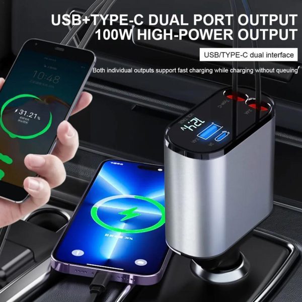 4 in 1 Retractable 100W Super Fast Car Charger - Image 2